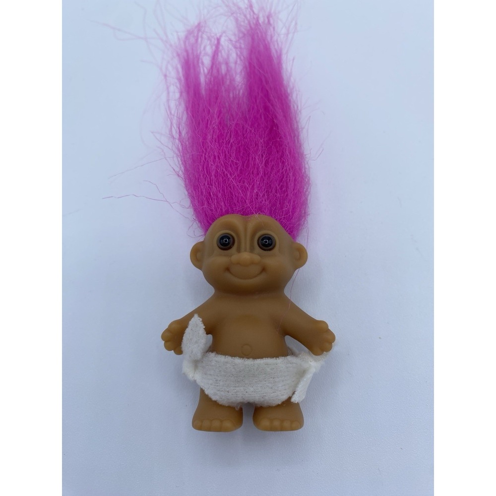 Vintage Russ Lucky Troll‎ Doll Figure Baby Bib Diaper 2.5" Pink Hair 1980's Cute
